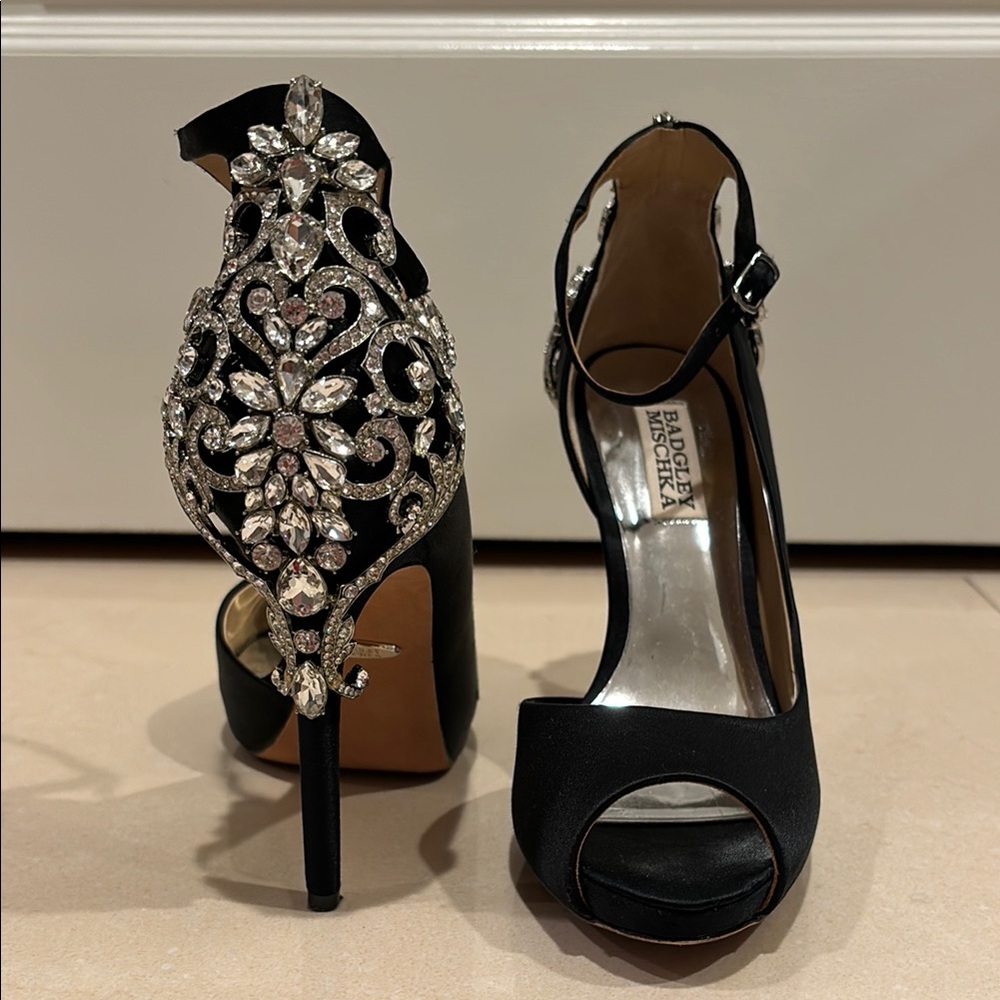 Badgley Mischka Black Stiletto Heels with Ankle Strap - Picture 2 of 9